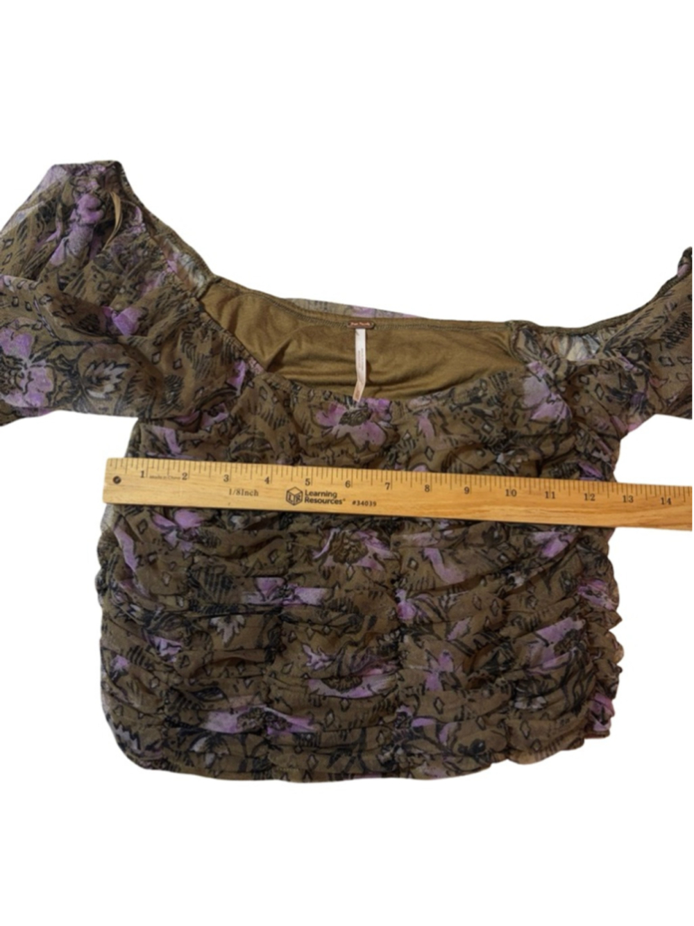 Free People Floral Mesh Ruched Puff Sleeve Crop Top XL Fairy Boho Blouse - Picture 5 of 7